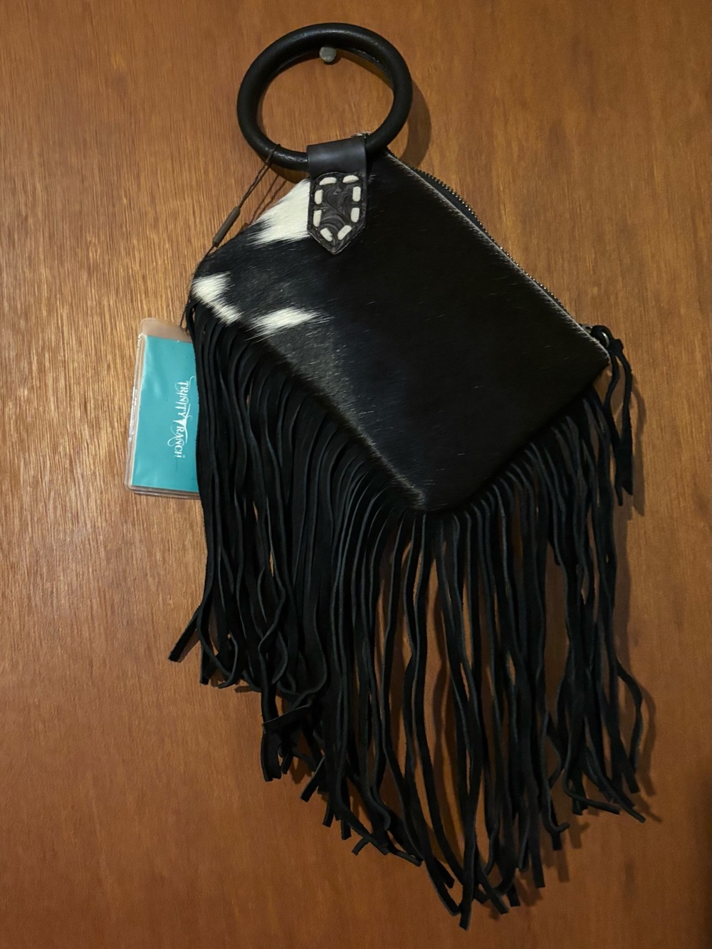 Black Cowhide Fringe Wristlet Clutch with Ring Handle